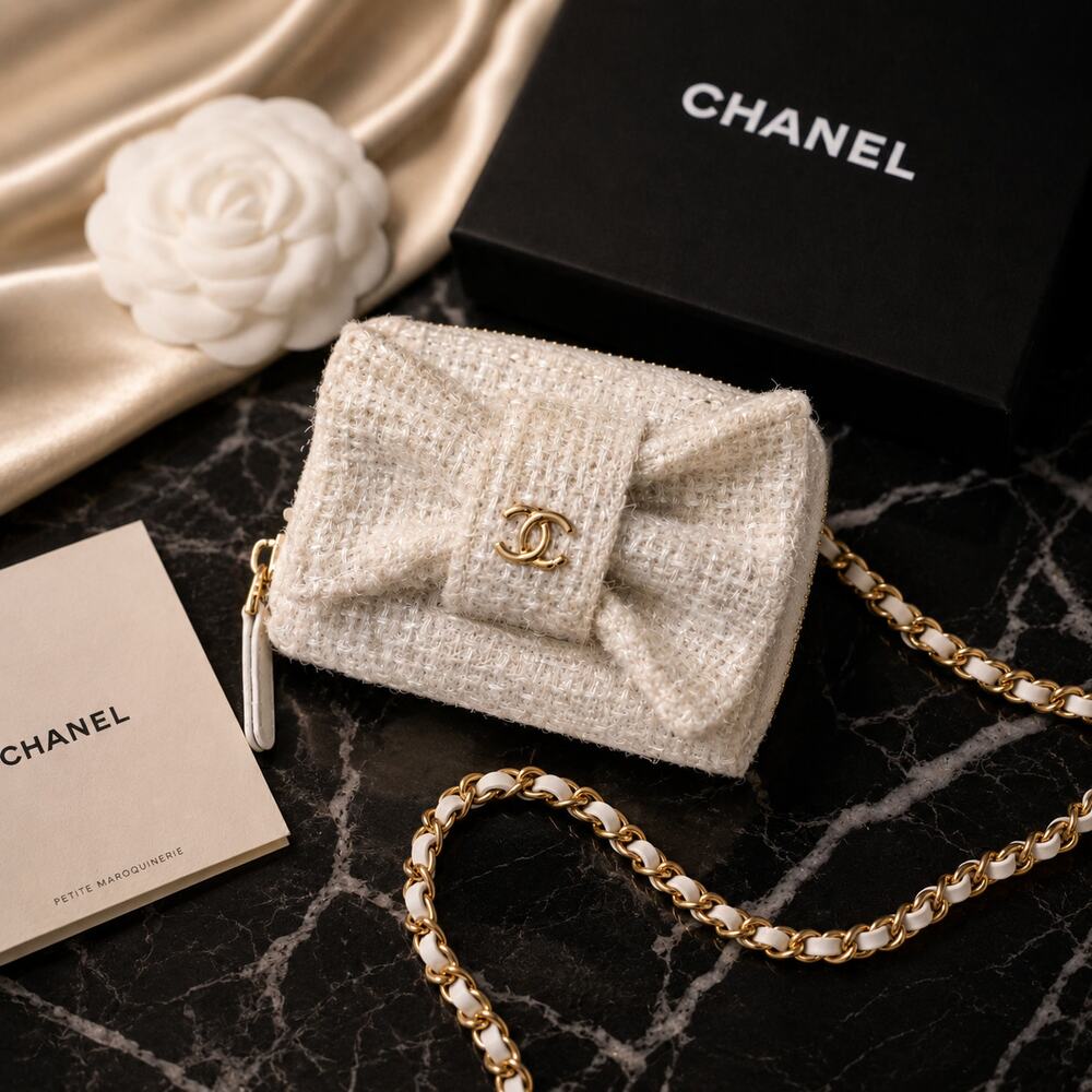 CHANEL Complimentary VIP Quilted Tweed Bow Wallet Cardholder Purse